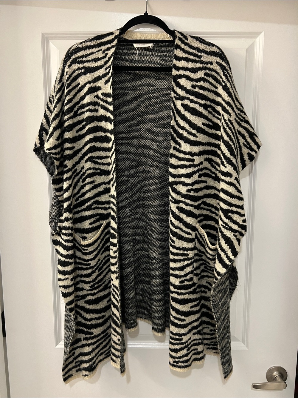 Zebra Print Open-Front Poncho Shrug - Black & Cream